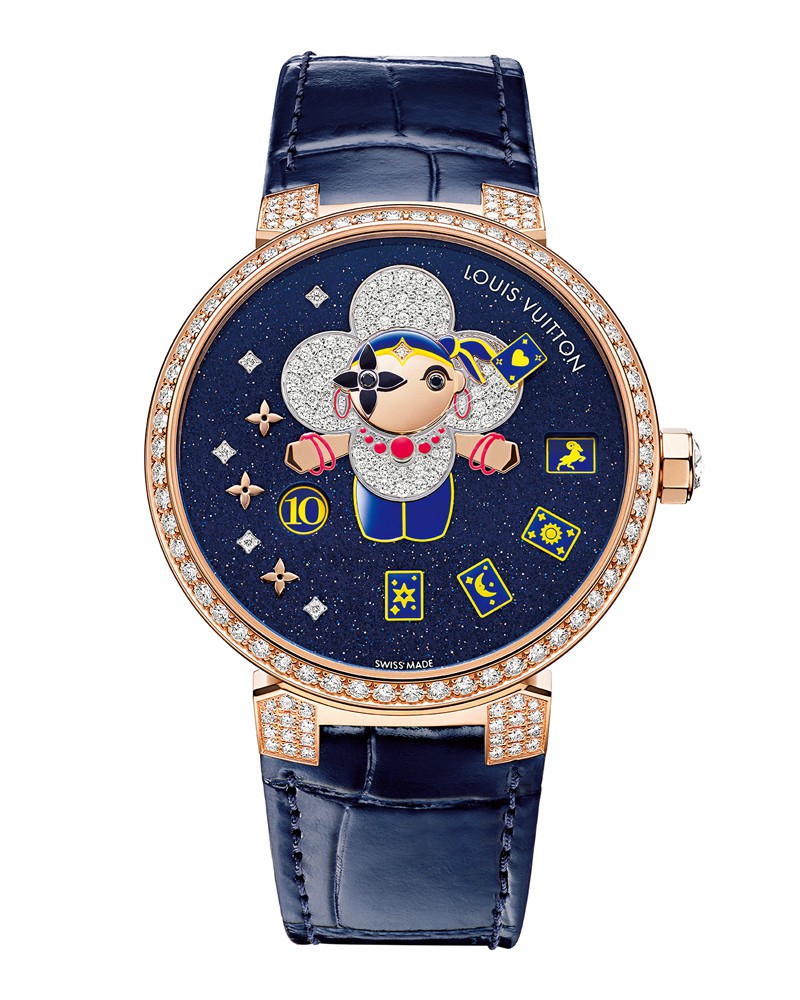 ▲ 「タンブール スリム ヴィヴィエンヌ ジャンピングアワー フォーチュン」自動巻き、18KPG×ダイヤモンドケース(38㎜)、アリゲーターストラップ。50m防水。1315万円(参考価格)/ルイ・ヴィトン(ルイ・ヴィトン クライアントサービス)