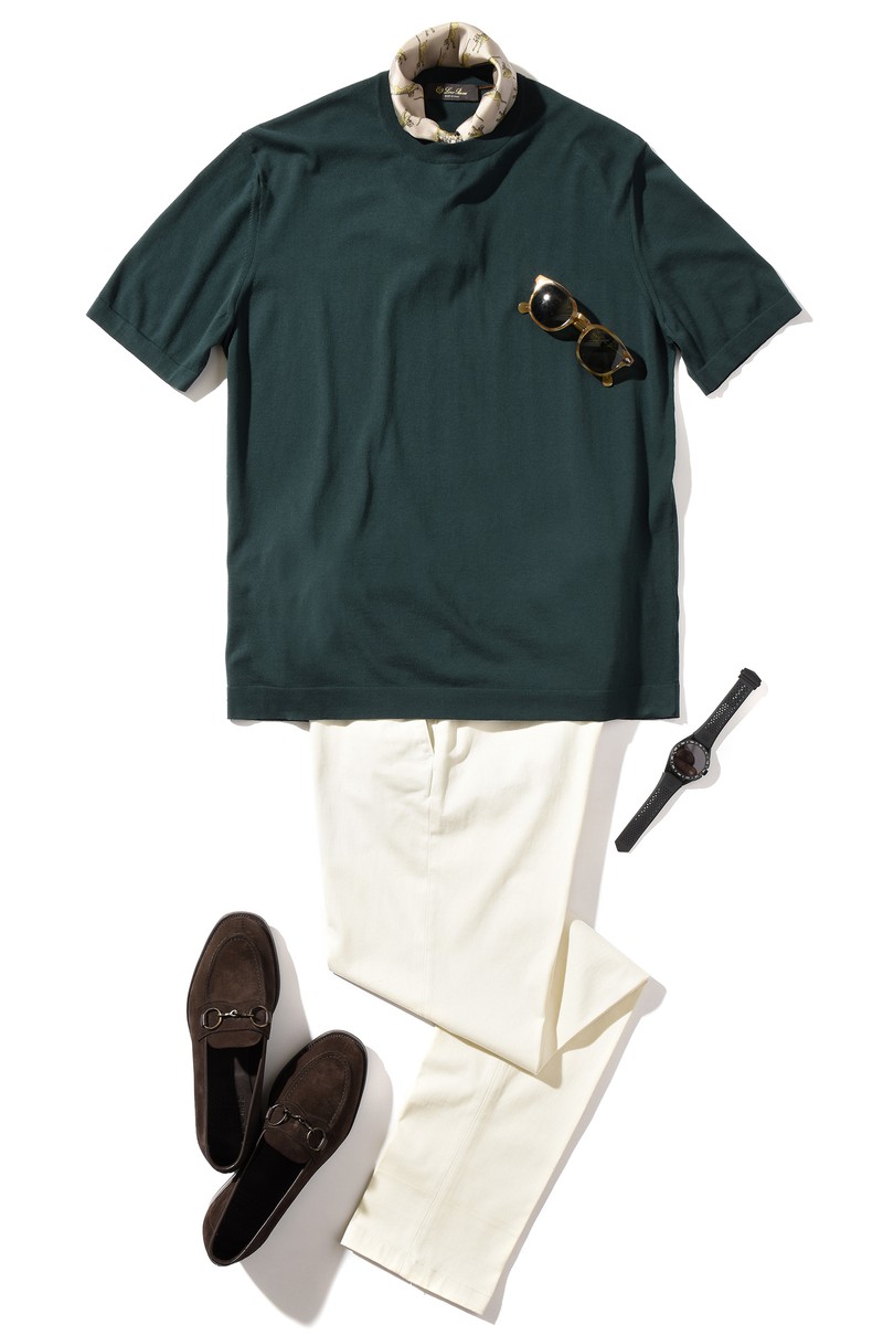 ▲ ニットT 8万2500円、パンツ7万4800円/ともにロロ・ピアーナ(ロロ・ピアーナ ジャパン)、スカーフ1万5950円/ディエッフェ・キンロック、ローファー17万8000円/エドワード グリーン(以上ストラスブルゴ カスタマーセンター)、サングラス3万9600円/モスコット(モスコット トウキョウ)、時計29万7000円/タグ・ホイヤー(LVMHウォッチ・ジュエリー ジャパン タグ・ホイヤー)