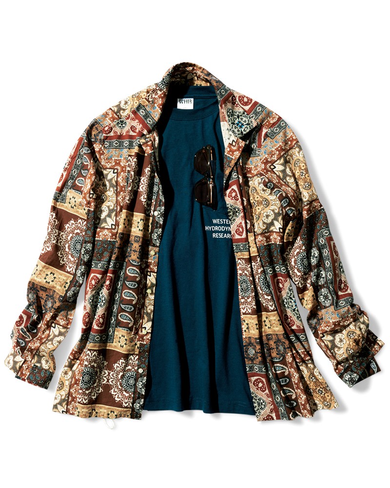 ▲ Tシャツ9900円/ウエスタン ハイドロダイナミック リサーチ(タトラスインターナショナル)、シャツ3万8500円/ギ ローバー(バインド ピーアール)、サングラス3万8500円/フォーナインズ・フィールサン(フォーナインズ)