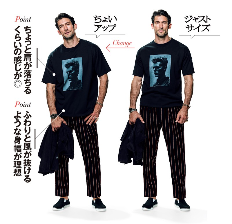 Tシャツ(どちらも)1万4300円/ザ インターナショナル イメージズ コレクション(ノウン)、ブルゾン15万9500円/チンクワンタ、パンツ8万8000円/ニート(にしのや)、スニーカー1万9800円/ザ ギーク(エイチジェイエム)、ブレスレット94万3800円、リング86万2400円/ともにシンパシー・オブ・ソウル(S.O.S fp 恵比寿本店)、時計59万9500円/チューダー(日本ロレックス/チューダー)