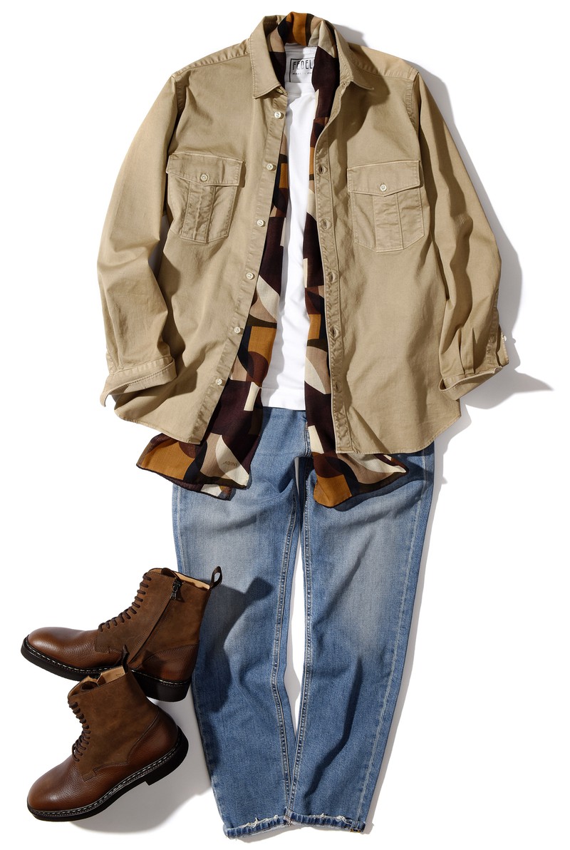 ▲ ブーツ20万3500円／ジョンロブ（ジョン ロブ ジャパン）、シャツ2万6400円／バグッタ、Tシャツ2万5300円／フェデリ（ともにトレメッツォ）、スカーフ4万700円／ラルディーニ（トヨダトレーディング プレスルーム）、デニム4万700円／ピーティートリノ デニム（PT JAPAN）