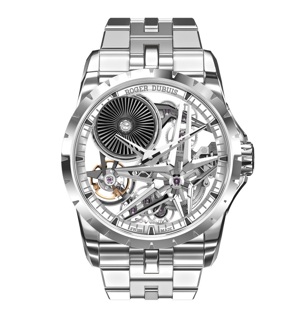 ▲ 「エクスカリバー モノバランシエ ソラヤマ」自動巻き、フルポリッシュのグレード5チタンケース(42mm)&ブレスレット。10気圧防水。日本先行限定28本。803万円/ロジェ・デュブイ
