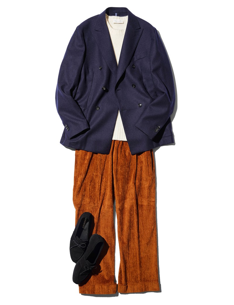 パンツ4万6200円/PT トリノ(PT JAPAN)、ジャケット11万5500円/モンテドーロ(阪急メンズ大阪)、ニット3万4100円/フィリッポ デ ローレンティス(トヨダトレーディング プレスルーム)、靴5万2800円/ソブリン(ザ ソブリンハウス)