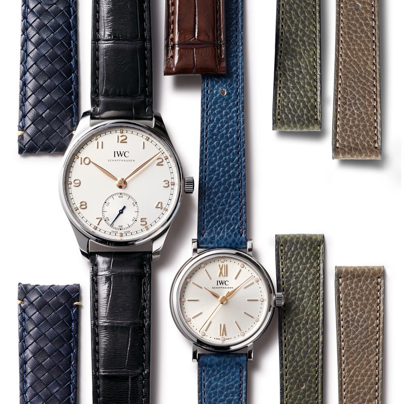 男性●時計「ポルトギーゼ・オートマティック40」自動巻き、SSケース（40.4mm）、アリゲーターストラップ。3気圧防水。90万7500円、替えのアリゲーターストラップ5万2800円、替えの編み上げカーフスキンストラップ2万8600円／すべてIWC　女性●時計「ポートフィノ・オートマティック 34」自動巻き、SSケース（34mm）、カーフスキンストラップ。3気圧防水。65万4500円、替えのカーフスキンストラップ各3万4100円／すべてIWC