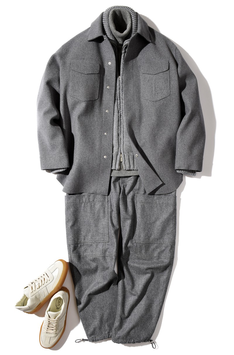 ▲ オーバーシャツ20万7900円、パンツ11万9900円、ジップカーディガン16万3900円、タートルネックニット7万2600円、スニーカー8万300円/すべてトッズ(トッズ・ジャパン)