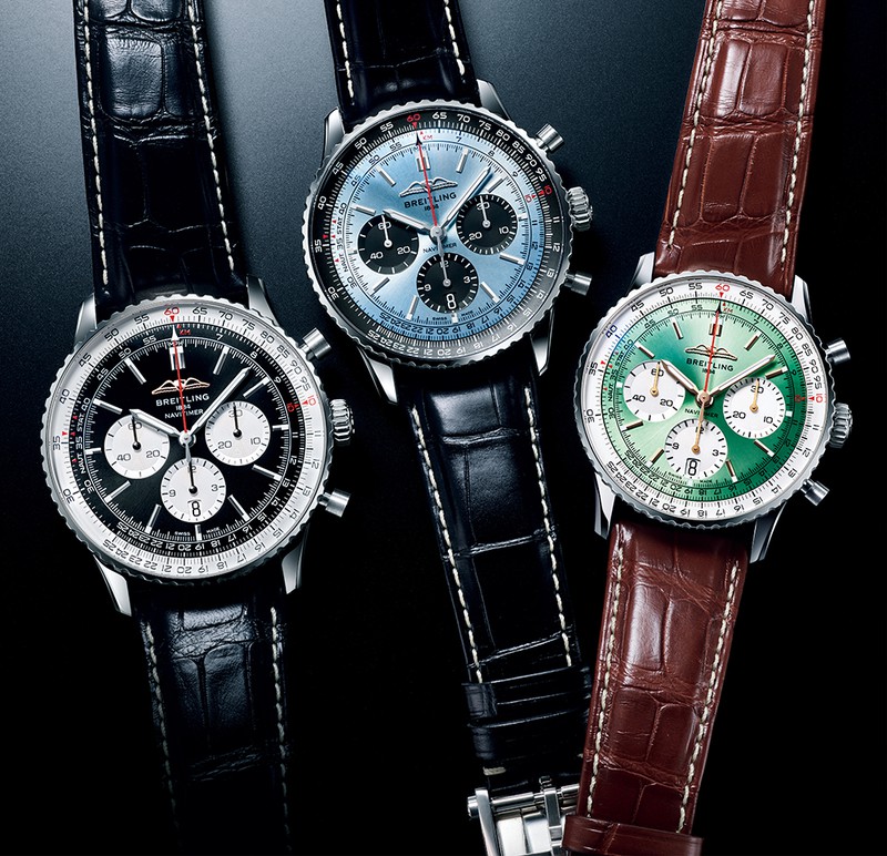 ▲ 左●『ナビタイマー B01 クロノグラフ 46』自動巻き、SSケース(46mm)、アリゲーターストラップ。3気圧防水。109万4500円、中●『ナビタイマー B01 クロノグラフ 43』自動巻き、SSケース(43mm)、アリゲーターストラップ。3気圧防水。107万2500円、右●『ナビタイマー B01 クロノグラフ 41』自動巻き、SSケース(41mm)、アリゲーターストラップ。3気圧防水。105万500円/すべてブライトリング(ブライトリング・ジャパン)