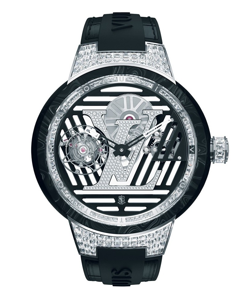 ▲ 『タンブール カーブ フライング トゥールビヨン ポワンソン・ド・ジュネーヴ』手巻き、Ti×カーボストレイタム®×18KWG×ダイヤモンドケース(46mm)、ラバー×アリゲーターストラップ。30m防水。4526万5000円(参考価格)/ルイ・ヴィトン(ルイ・ヴィトン クライアントサービス)