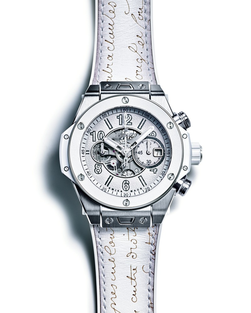 ▲ 『ビッグ・バン ウニコ ベルルッティ ホワイト グレー チタニウム』自動巻き、Tiケース(44mm)、パティーヌ仕上げのベルルッティヴェネチアレザー×ラバーストラップ。10気圧防水。日本限定100本。336万6000円/ウブロ