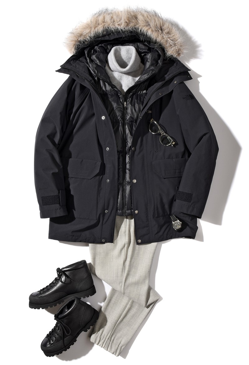 ▲ ブルゾン6万8200円/ザ・ノース・フェイス(ゴールドウイン カスタマーサービスセンター)、ニット3万8500円/ジョーディーズ(カヴァレリア)、パンツ4万1800円/ジェルマーノ(バインド ピーアール)、サングラス2万2000円/アイヴォル(アイヴォル トウキョウ ストア)、時計44万7700円/チューダー(日本ロレックス/チューダー)、ブーツ4万9500円/パラブーツ(パラブーツ青山店)