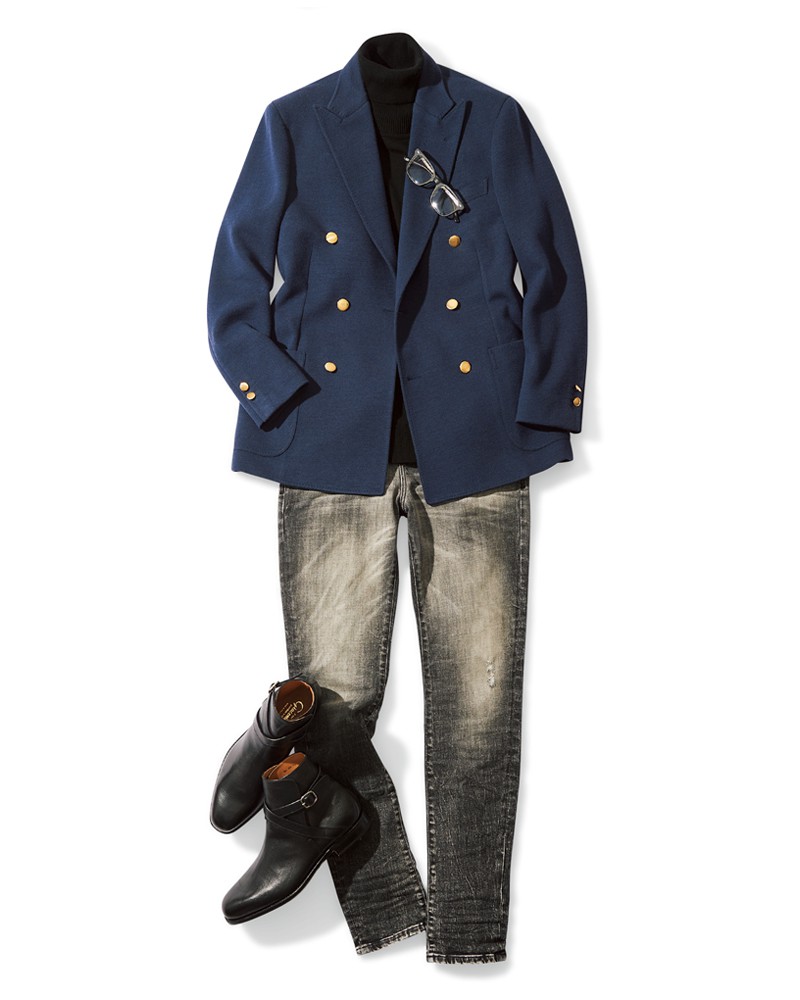 ▲ デニム5万3900円/ディーゼル(ディーゼル ジャパン)、ジャケット5万600円/麻布テーラー(Y&Mプレスルーム)、ニット2万6400円/スローン、靴15万1800円/フラテッリ ジャコメッティ(ウィリー)、メガネ3万6300円/アイヴァン(アイヴァン 東京ギャラリー)