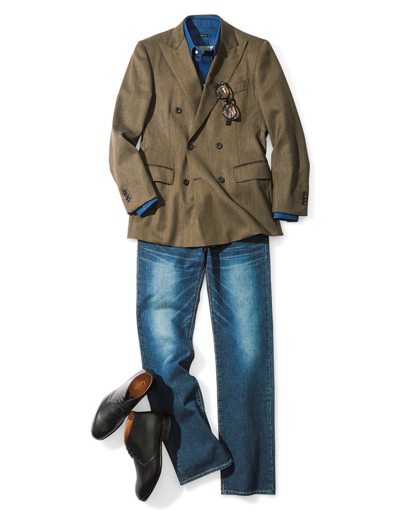 ▲ デニム4万9500円/ともにアール&ブルース バイ アザブテーラー、ジャケット6万9300円/麻布テーラー、シャツ1万7820円(すべてY&Mプレスルーム)、靴11万8800円/フラテッリ ジャコメッティ(ウィリー)、メガネ5万5000円/アイヴァン 7285(アイヴァン 7285 トウキョウ)