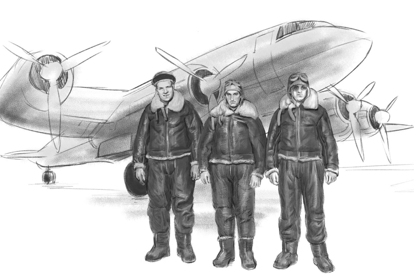 第二次世界大戦中、愛機の前に勢揃いするアメリカ陸軍航空隊の爆撃機クルーたち
