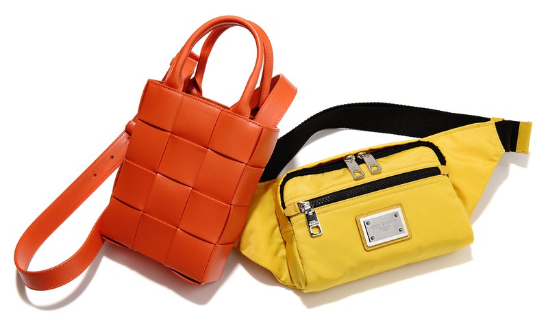 ▲ バッグ左 [W14×H18×D4.5cm] 33万円／ボッテガ・ヴェネタ（ボッテガ・ヴェネタ ジャパン）、右 [W20×H15×D6cm] 11万6600円／ドルチェ＆ガッバーナ（ドルチェ＆ガッバーナ ジャパン）