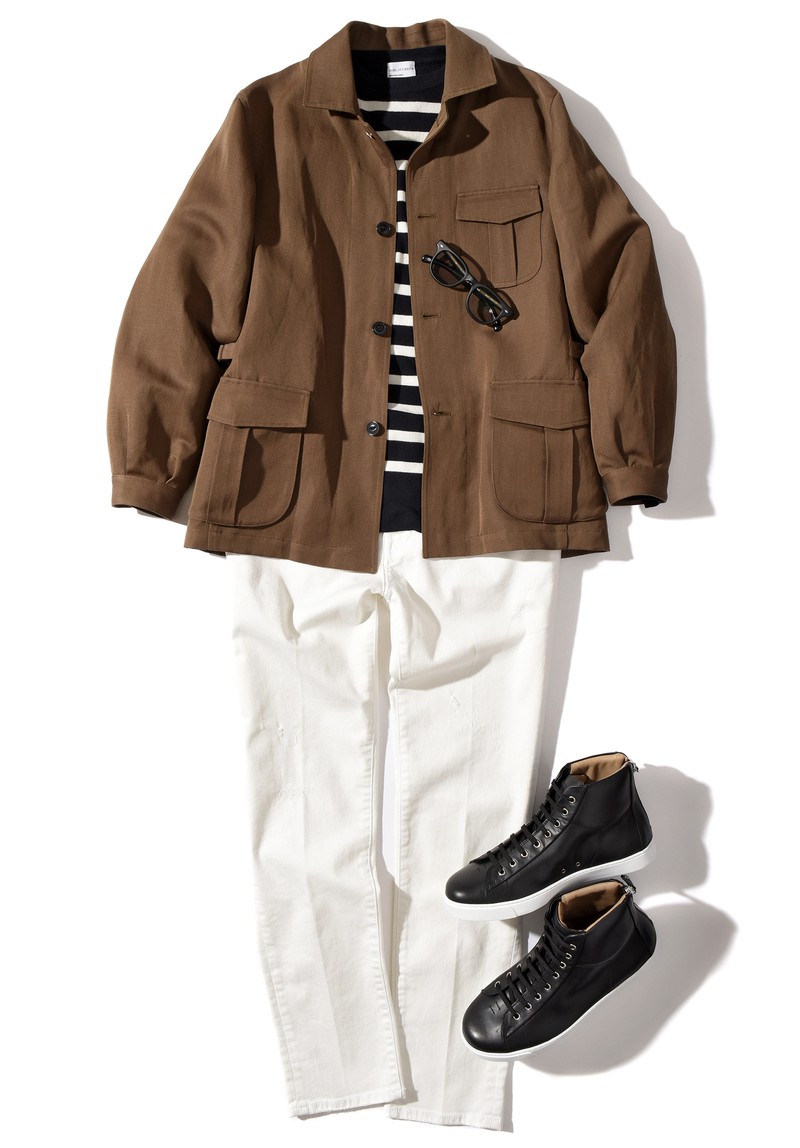 ▲ スニーカー12万3200円/ジャンヴィト ロッシ(伊勢丹新宿店)、ジャケット15万2900円〜※オーダー価格/リッドテーラー、ニット4万2900円/ビブリオテカ(すべて伊勢丹新宿店)、デニム12万3000円/ヤコブ コーエン(ヤコブ コーエン 東京ミッドタウン店)、サングラス4万4000円/アイヴァン(アイヴァン 東京ギャラリー)