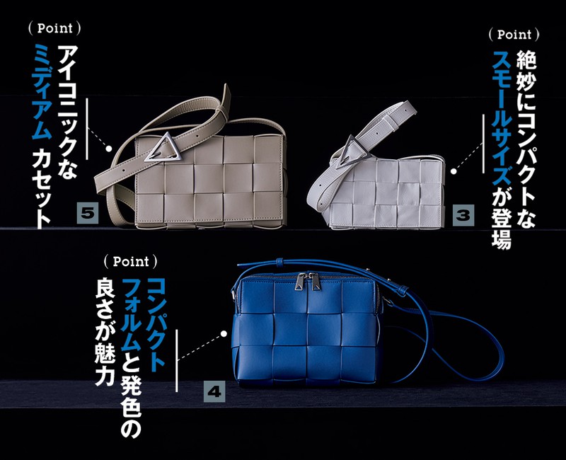 【3】バッグ［W17.5×H10.5×D3.5㎝］30万8000円、【4】バッグ［W20×H15×D5㎝］28万6000円、【5】バッグ［W23×H15×D5㎝］34万6500円／すべてボッテガ・ヴェネタ（ボッテガ・ヴェネタ ジャパン）