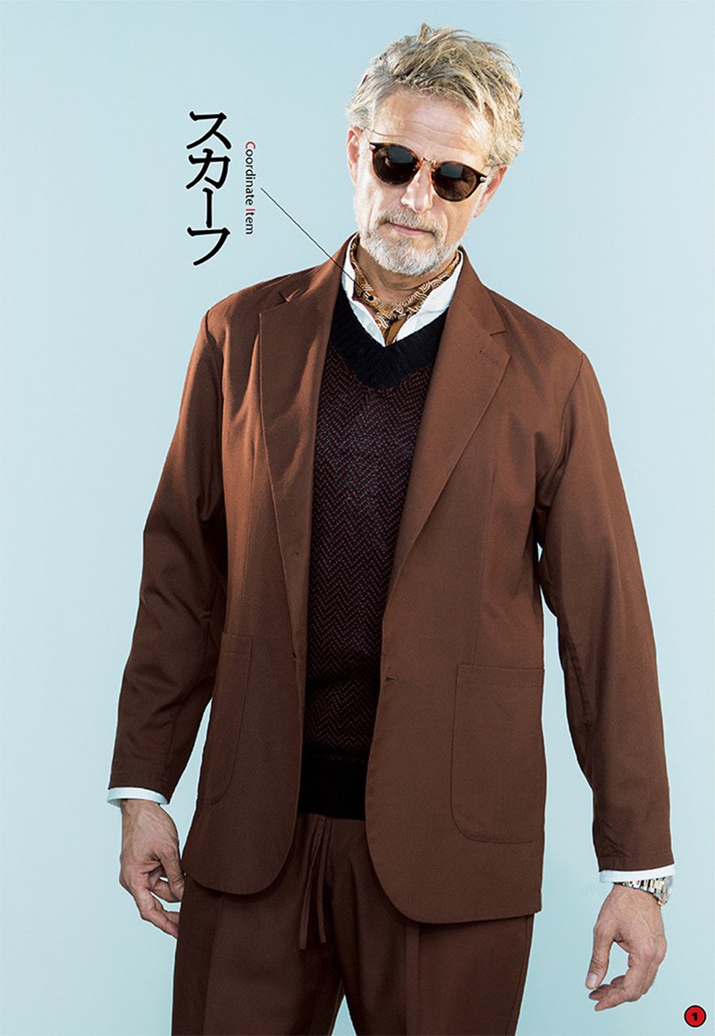 ▲ ジャケット6万3800円、パンツ4万2900円/ともにモンサオ(エイチジェイエム)、シャツ3万4100円/バグッタ(トレメッツォ)、ニット4万4000円/ラッファ モリーナ(エスディーアイ)