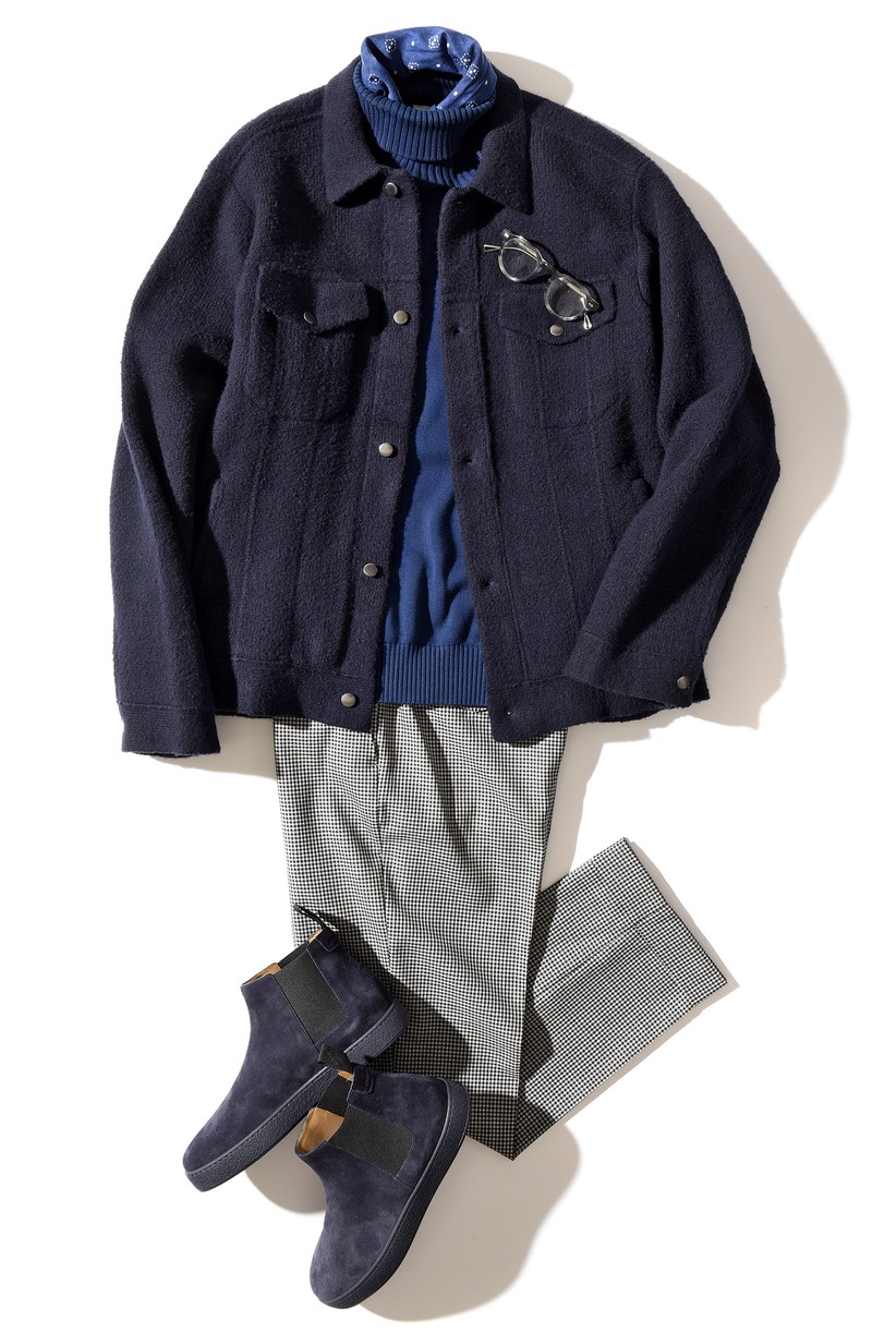 ▲ ブーツ15万6200円/ジョンロブ(ジョン ロブ ジャパン)、ブルゾン8万3600円/ギャルリー・ヴィー(ギャルリー・ヴィー 丸の内店)、ニット2万8600円/グランサッソ、スカーフ1万1000円/ジエッレ(ともにエスディーアイ)、パンツ4万7300円/ジェルマーノ(バインド ピーアール)、メガネ5万3900円/モスコット(モスコット トウキョウ)