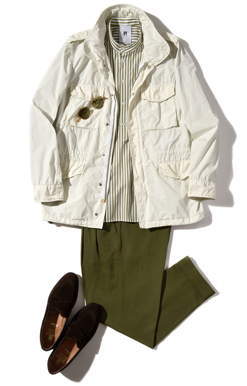 ▲ ブルゾン11万7700円/アスペジ(トヨダトレーディング プレスルーム)、シャツ4万1800円、パンツ4万9500円/ともにピーティー トリノ(PT ジャパン)、シューズ8万5800円/クロケット アンド ジョーンズ(ビームス公式オンラインショップ)、サングラス4万2900円/アイヴァン(アイヴァン 東京ギャラリー)