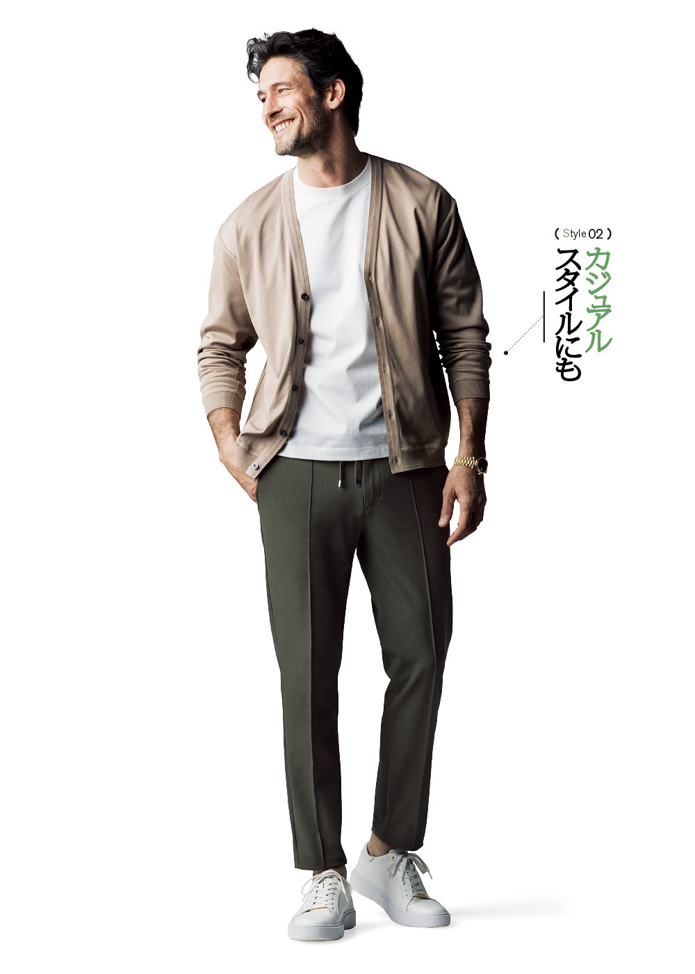 パンツ1万7600円、カーディガン1万5400円、Tシャツ1万1000円、スニーカー1万9800円/すべてアウール(アウール阪急メンズ大阪)