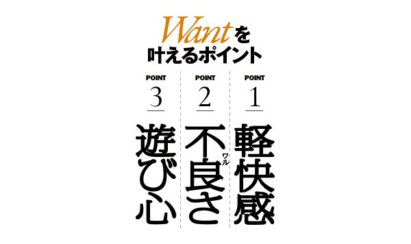 Wantを叶えるポイント point1爽快感 point2不良（ワル）さ point3遊び心