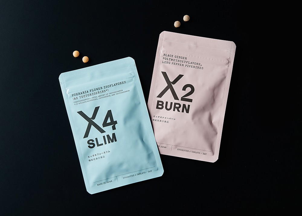 「X2 BURN」、「X4 SLIM｣（各60粒）各4980円（機能性表示食品）／プレミアアンチエイジング