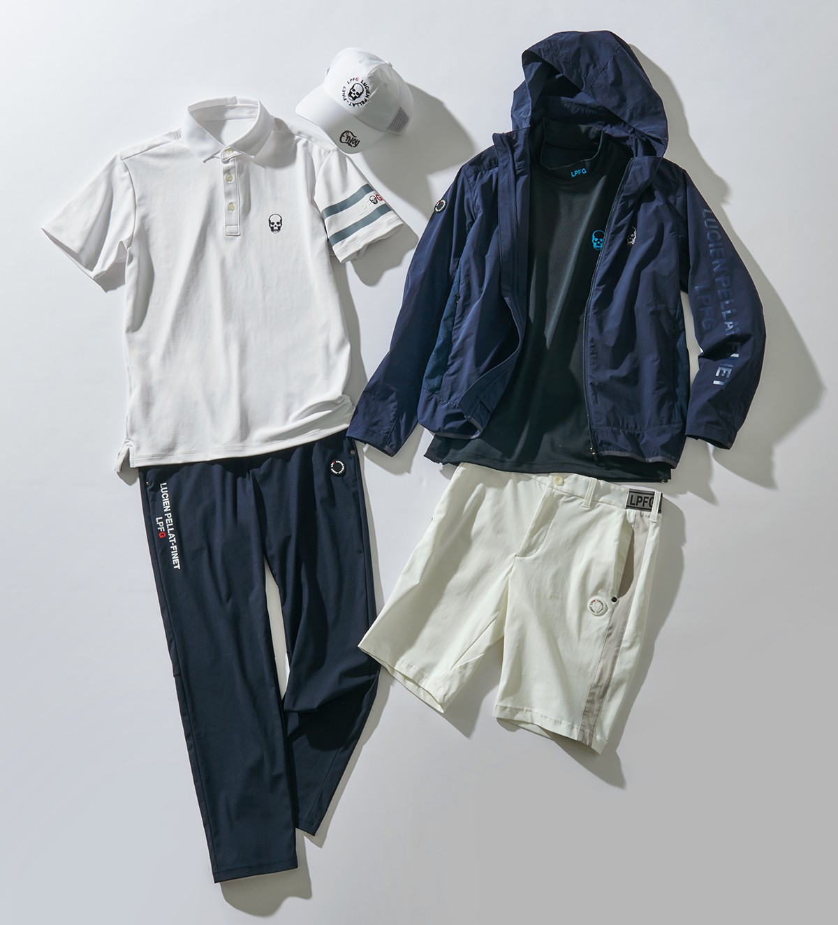 ▲ 【左】キャップ1万9800円、ポロシャツ3万6300円、パンツ5万3900円、【右】ジャケット8万3600円、モックネック4万4000円、パンツ4万7300円/すべてルシアン ペラフィネ エルピーエフジー(ルシアン ペラフィネ 東京ミッドタウン店)