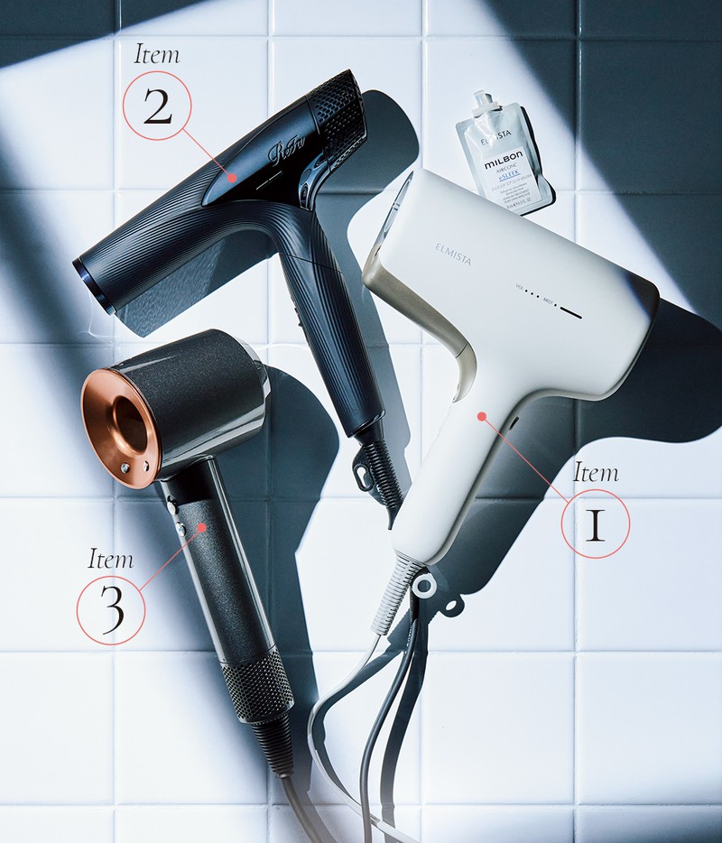 【01】「ヘアードライヤー」 5万5000円、「エアコンク」(全5種、各9㎖)3300円/ともにエルミスタ(ミルボンお客様窓口)、