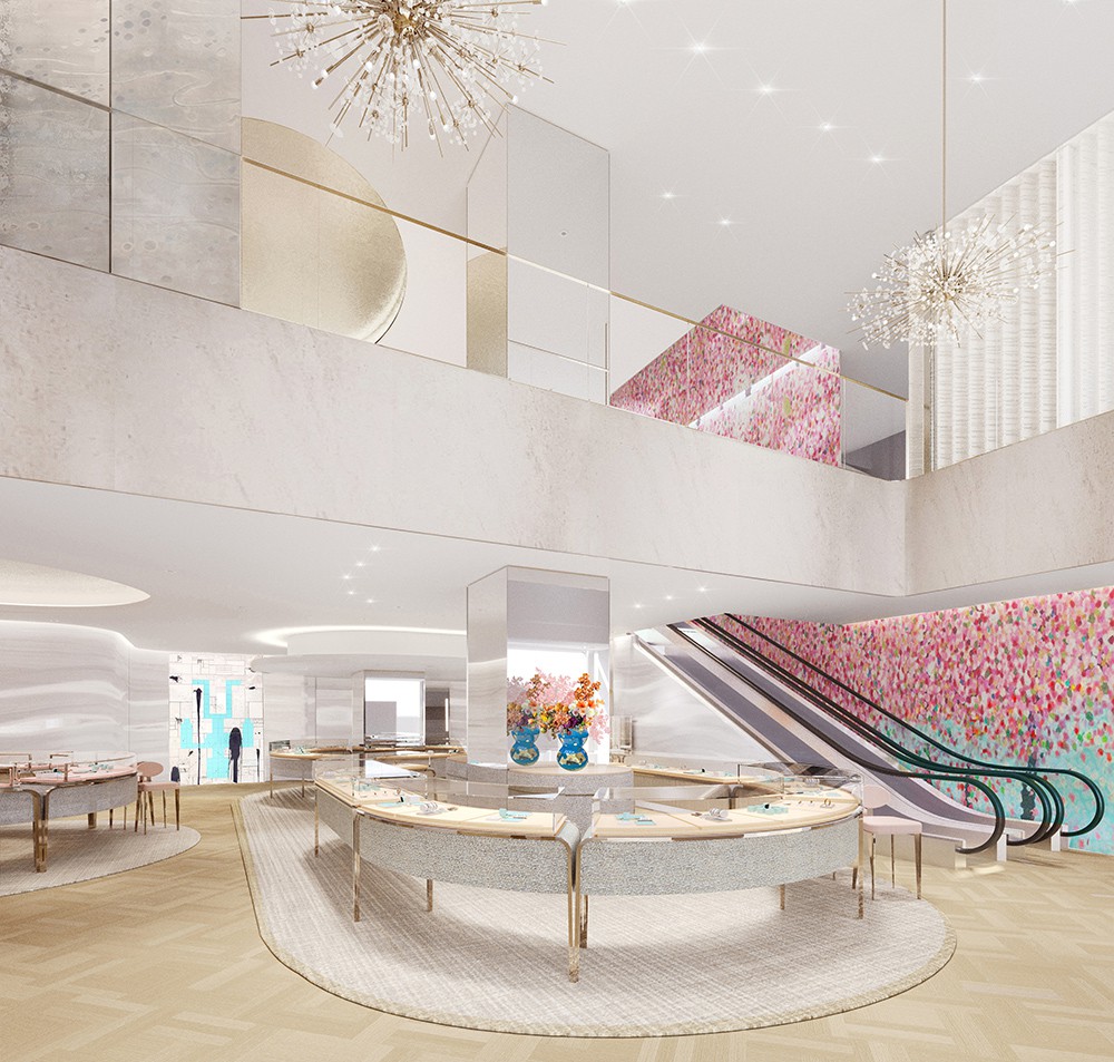 ティファニー銀座本店 1階は緩やかなカーブと優しげなカラーパレットで構成。