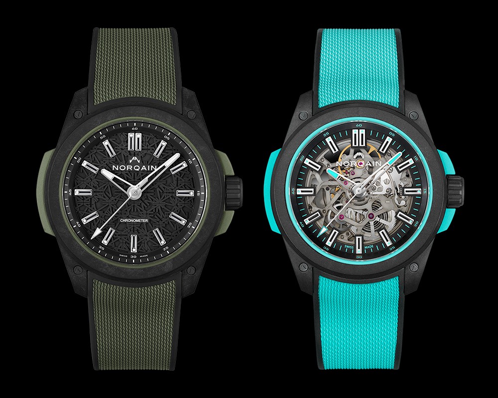 ▲ 左から「ワイルド ワン」自動巻き、ノルテック×ラバーケース(42mm)、ラバーストラップ。200m防水。76万6700円。「ワイルド ワン スケルトン」自動巻き、ノルテック×ラバーケース(42mm)、ラバーストラップ。200m防水。83万6000円/ともにノルケイン(ノルケインジャパン)