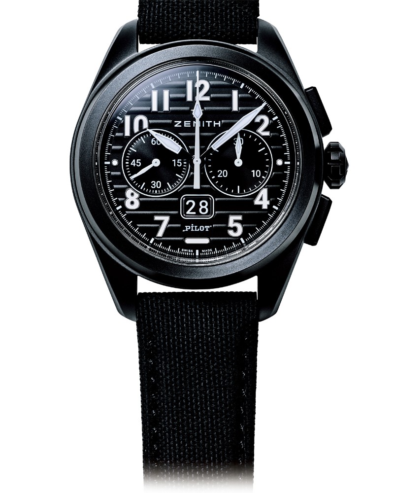 ▲ 「パイロット ビッグデイト フライバック」自動巻き、セラミックケース(42.5㎜)、コーデュラ・エフェクトラバーストラップ(カーキのコーデュラ・エフェクトラバーストラップが付属)。10気圧防水。172万7000円/ゼニス