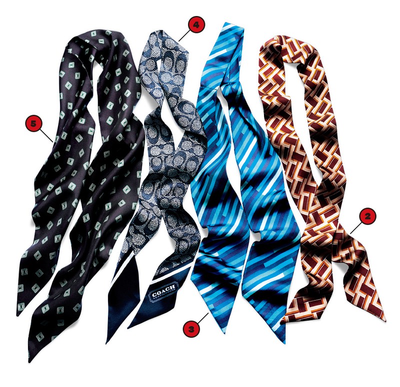 スカーフタイ【2】128×5㎝］1万1000円／トゥモローランド、【3】［126×8㎝］9900円／ロバートフレイザー（日本橋三越本店）、【4】［127×5㎝］1万4300円／コーチ（コーチ・カスタマーサービス・ジャパン）、【5】［124×16㎝］1万8480円／グラッドハンド（GLADHAND CORE）