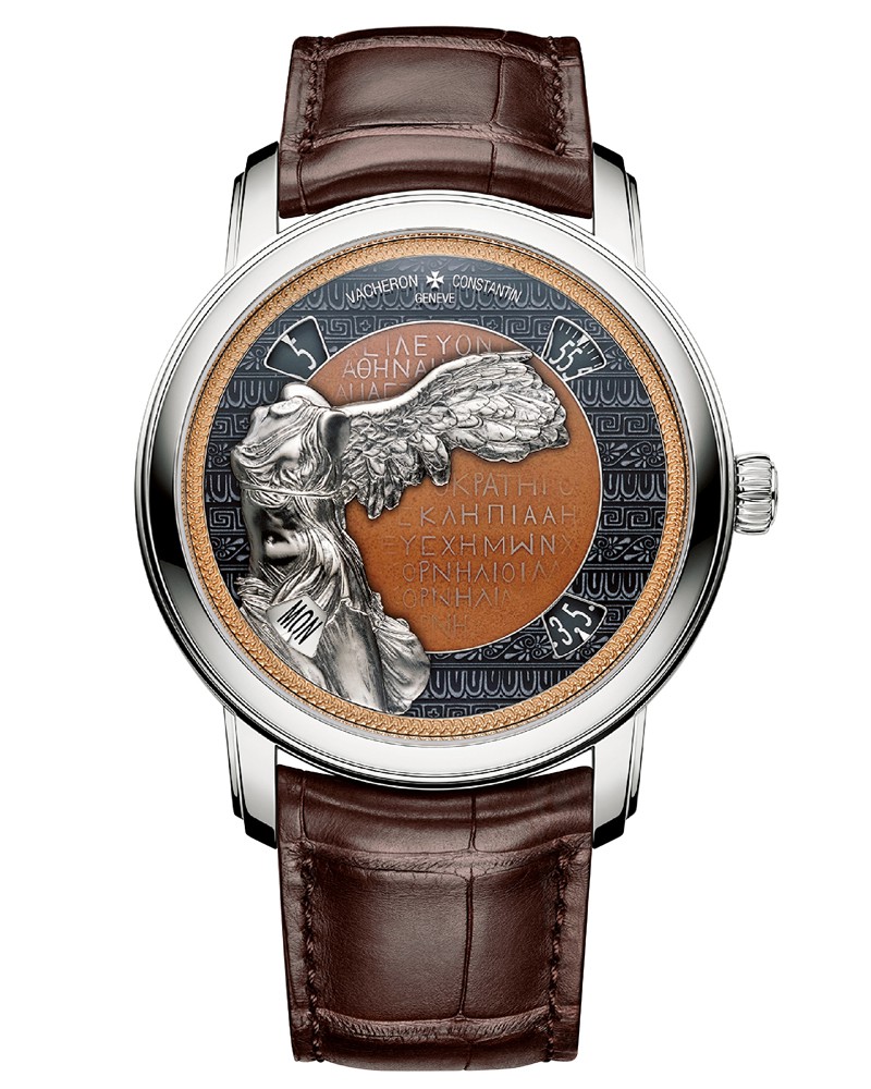 ▲ 「メティエ・ダール-偉大な文明へ敬意を表して-サモトラケのニケ」自動巻き、18KWGケース(42㎜)、アリゲーターストラップ。2200万円(参考価格・完売)/ヴァシュロン・コンスタンタン