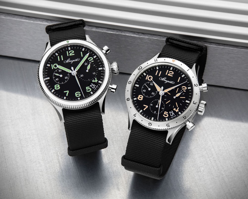▲ 左から「タイプ 20 クロノグラフ 2057」自動巻き、SSケース(42mm)。カーフストラップ(NATOストラップが付属)。10気圧防水。258万5000円。「タイプ ⅩⅩ クロノグラフ 2067」自動巻き、SSケース(42mm)。カーフストラップ(NATOストラップが付属)。10気圧防水。258万5000円/ともにブレゲ(ブレゲ ブティック銀座)