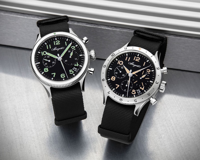 ▲ 左から「タイプ 20 クロノグラフ 2057」自動巻き、SSケース（42mm）。カーフストラップ（NATOストラップが付属）。10気圧防水。258万5000円。「タイプ ⅩⅩ クロノグラフ 2067」自動巻き、SSケース（42mm）。カーフストラップ（NATOストラップが付属）。10気圧防水。258万5000円／ともにブレゲ（ブレゲ ブティック銀座）