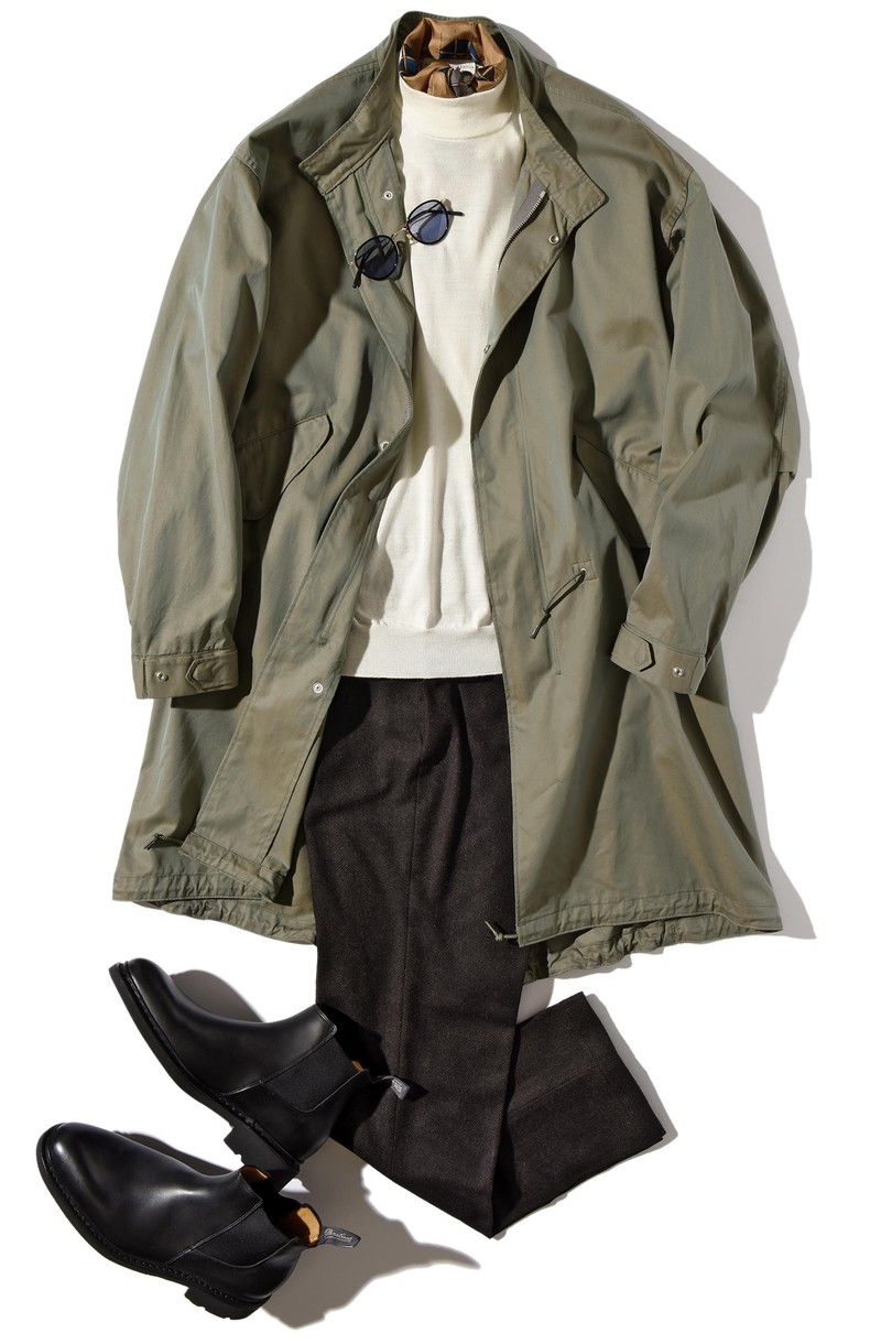 ▲ ニット3万6300円/フィリッポ デ ローレンティス(トヨダトレーディング プレスルーム)、コート6万500円/サウスウィック ゲートレーベル、スカーフ3万8940円/フラテッリ ルイージ(ともにシップス 銀座店)、パンツ3万9600円/ジャブス アルキヴィオ(ビームス公式オンラインショップ)、ブーツ9万9000円/パラブーツ(パラブーツ 青山店)、サングラス4万2900円/アイヴァン(アイヴァン 東京ギャラリー)