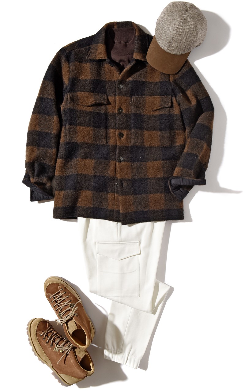 ▲ シャツ3万9600円/ギ ローバー(バインド ピーアール)、ニット3万9600円/ジョン スメドレー(リーミルズ エージェンシー)、パンツ4万7300円/ピーティー トリノ(PT ジャパン)、キャップ1万7600円/ブリッラペルイルグスト(ビームス公式オンラインショップ)、ブーツ5万5000円/パラブーツ(パラブーツ 青山店)