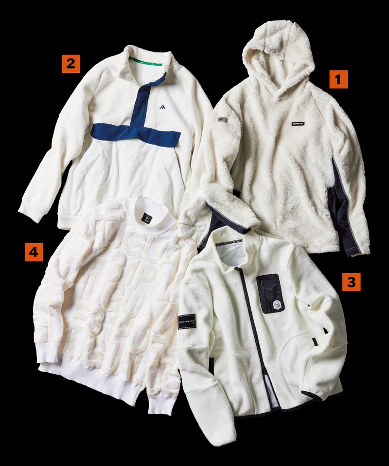 【01】 フーディ3万9600円/ブリーフィング ゴルフ(ブリーフィング 六本木ヒルズ) 【02】 フリースジャケット1万8700円/アディダスゴルフ(アディダス ジャパン) 【03】 ブルゾン2万8600円/エスワイサーティトゥ バイ スウィートイヤーズ(ロンヨンジャパン) 【04】 ニット6万6000円/ウノ ピゥ ウノ ウグァーレ トレ ゴルフ(ウノ ピゥ ウノ ウグァーレ トレ表参道ヒルズ)