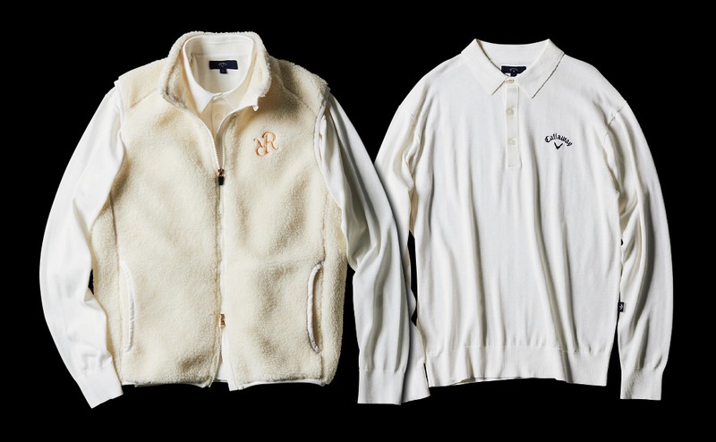 ▲ ベスト4万4550円／レザレクション（アルティザンネスト）、ポロシャツ1万5400円／キャロウェイ（キャロウェイゴルフ お客様ダイヤル）