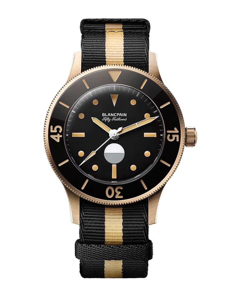 ▲ 自動巻き、9Kブロンズゴールドケース(41.3mm)、NATOストラップ。30気圧防水。世界555点限定。442万2000円/ブランパン(ブランパン ブティック銀座)