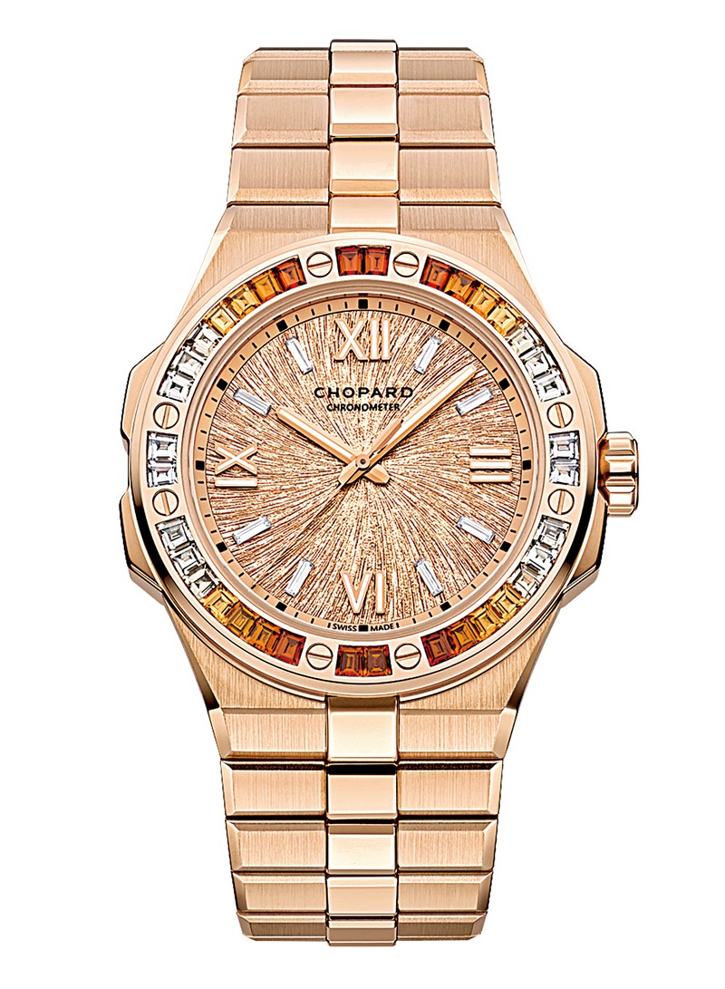 ▲ 『アルパイン イーグル サミット』自動巻き、18KエシカルRG×スペサルタイト&ホワイトサファイアケース(41mm)、18KエシカルRGブレスレット。100m防水。ショパールブティック限定。1136万3000円(要問い合わせ)/ショパール(ショパール ジャパン プレス)