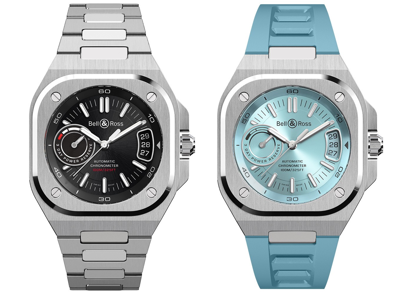 ▲ 左から「BR-X5 ブラック スティール」自動巻き、SSケース(41mm)×ブレスレット。100m防水。99万円。「BR-X5 アイスブルー スティール」自動巻き、SSケース(41mm)、ラバーストラップ。100m防水。92万4000円/ともにベル&ロス(ベル&ロス 銀座ブティック)
