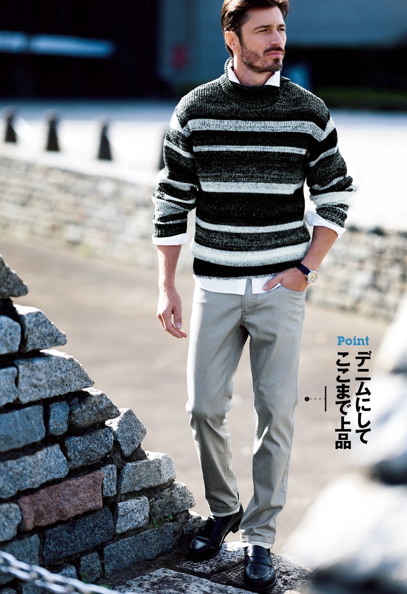 パンツ2万8600円、ニット3万8500円、シャツ1万9800円/ともにジョゼフ オム、靴は参考商品/パラブーツ × ジョゼフ オム(すべてオンワード樫山 お客様相談室)