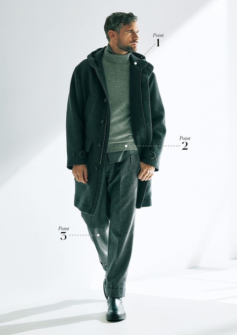 コート49万8300円、ブーツ16万600円/ともにトッズ(トッズ・ジャパン)、ニット4万7300円/ブリッラ ペル イル グスト、パンツ5万7200円/ベルナール ザンス(ともにビームス 六本木ヒルズ)