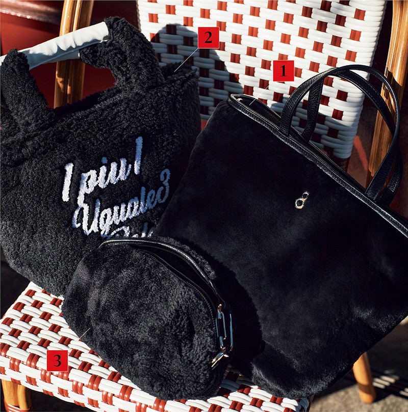 ▲ （1）バッグ［W36×H25×D16㎝］6万3800円／ムータ（ムータ ジャパン）、（2）バッグ［W32×H12×D9㎝］6600円／ウノ ピゥ ウノ ウグァーレ トレ リラックス（SHIFFON）、（3）バッグ［W22.5×H12×D11㎝］4万9500円／エポイ（エポイ 本店）