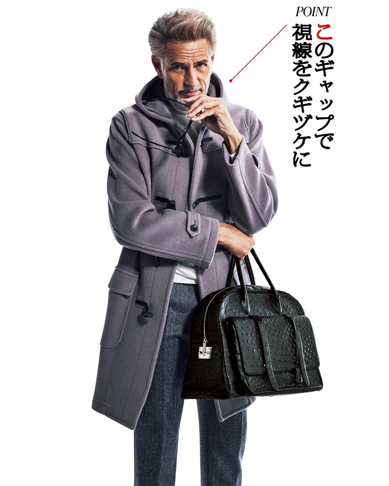 コート14万8500円／グレンフェル（ヴァルカナイズ・ロンドン）、ニット3万9600円／ジョン スメドレー（リーミルズ エージェンシー）、パンツ8万8000円／ロータ（ストラスブルゴ カスタマーセンター）、サングラス6万1600円／アイヴァン 7285（コンティニュエ）