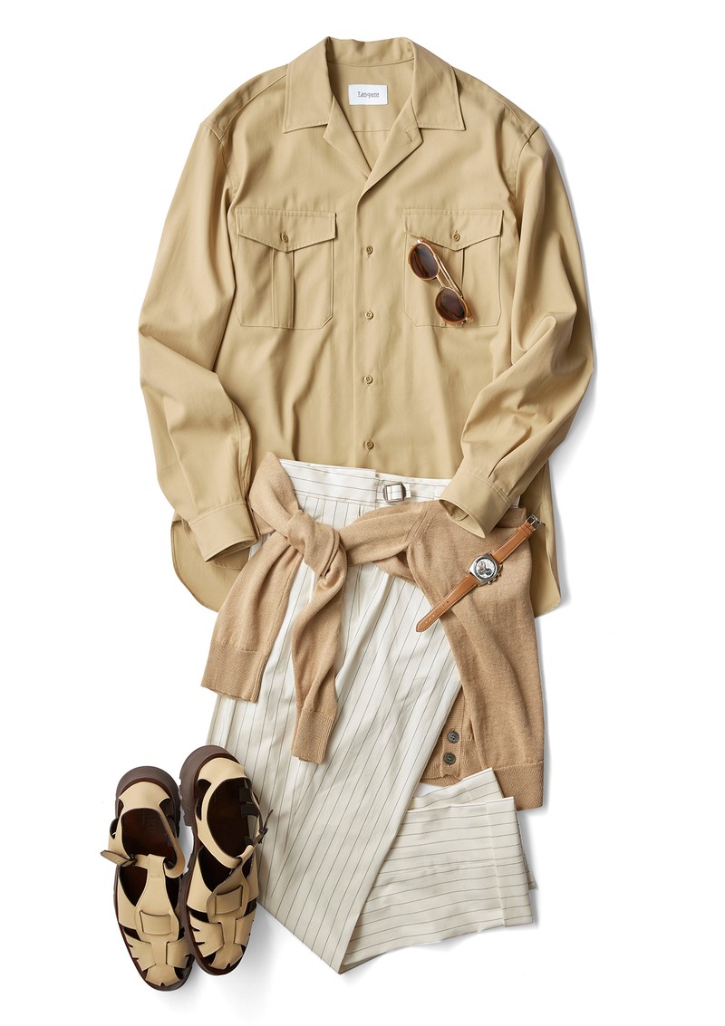 シャツ3万5200円／タンジェント、パンツ3万9600円／ベルウィッチ（ともにビームス 六本木ヒルズ）、カーディガン5万7200円／ドルモア（バインド ピーアール）、靴8万1400円／へリュー（ユナイトナイン）、サングラス10万4500円／アコニ（オブジェ・イースト）、時計114万4000円／ゼニス