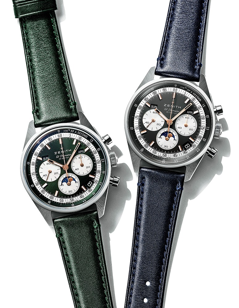 ▲ 左から「クロノマスター オリジナル トリプルカレンダー ブティック エディション」自動巻き、SSケース（38mm）、グリーンカーフストラップ。5気圧防水。ブティック限定。176万円／ゼニス、「クロノマスター オリジナル トリプルカレンダー」自動巻き、SSケース（38mm）、ブルーカーフストラップ。5気圧防水。176万円／ゼニス