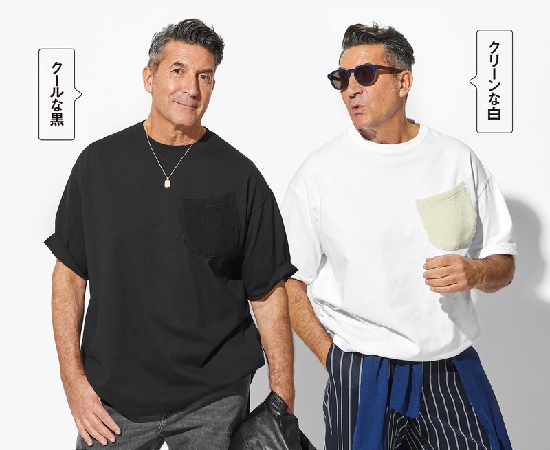 右●Tシャツ1万3200円/ウィス・キー、パンツ6万4900円/ラグ&ボーン、腰に巻いたニット7万9200円/タエ アシダ、サングラス3万5200円/ロッツァ、左●Tシャツ1万3200円/ウィス・キー、パンツ4万7300円/リプレイ、手に持ったブルゾン16万5000円/アカンサス、ネックレス25万3400円/フート(すべて買えるLEON)