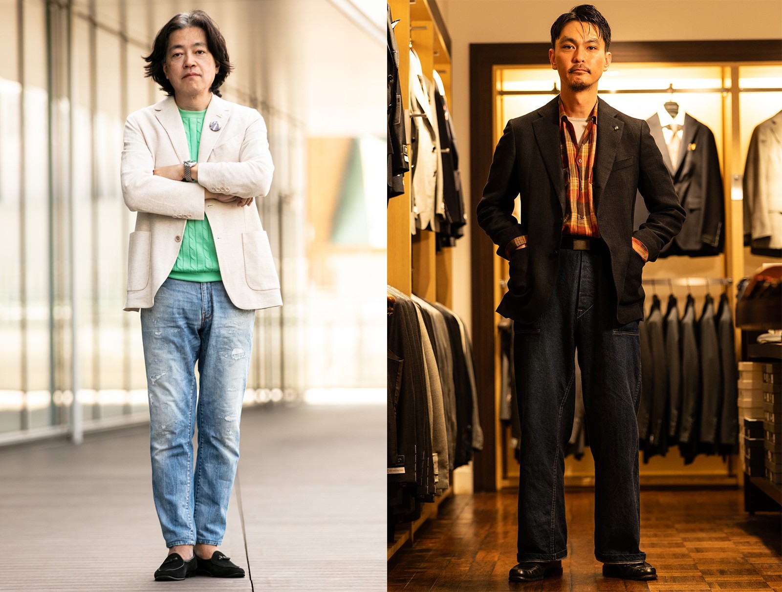 お洒落スナップ、デニム、スーツ、着こなし
