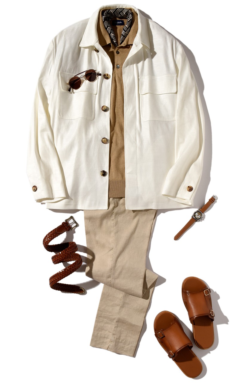 ▲ ブルゾン14万3000円／ラルディーニ（トヨダトレーディング プレスルーム）、ニットポロ5万2800円／ドルモア（バインド ピーアール）、パンツ5万3900円／ピーティー トリノ（PT JAPAN）、スカーフ1万8480円／ステファノ カウ × シップス（シップス 銀座店）サングラス5万3900円／アイヴァン（アイヴァン 東京ギャラリー）、時計114万4000円／ゼニス、ベルト4万2900円／J&M デヴィッドソン（J&M デヴィッドソン カスタマーセンター）、サンダル14万6300円／サントーニ（ストラスブルゴ カスタマーセンター）